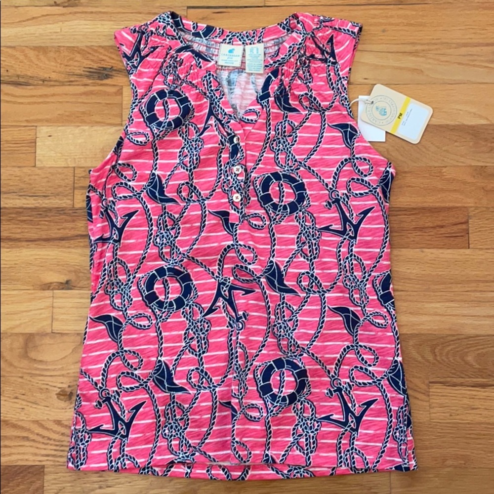 Caribbean Joe Sleeveless Shirt   Size Medium Petite. NWT!  Navy/Pink Nautical
